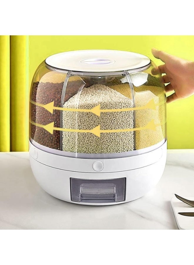 معرض الأعياد موزع حاوية تخزين الحبوب، موزع أرز بسعة 22 رطلاً دوار، موزع طعام يدور بزاوية 360° إخراج بضغطة واحدة لتخزين الأرز، موزع حجمي دائري للمطبخ للحبوب الصغيرة، والفاصوليا، والأرز بسعة 6 أقسام - Image 2